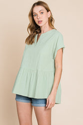 Cotton Bleu by Nu Lab Women's Ruched Notched Short Sleeve Cotton Blouse - Elegant & Versatile